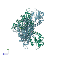 PDB entry 7vc2 coloured by chain, side view.
