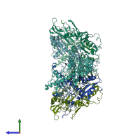 PDB entry 7vi9 coloured by chain, side view.