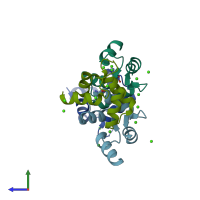 PDB entry 7vuu coloured by chain, side view.