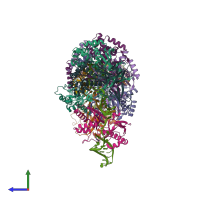 PDB entry 7xg0 coloured by chain, side view.