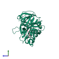 Monomeric assembly 1 of PDB entry 7xgk coloured by chemically distinct molecules, side view.