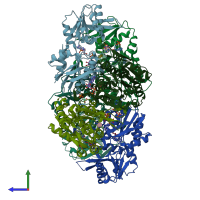 PDB entry 7xmv coloured by chain, side view.