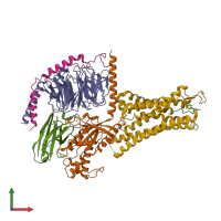 PDB entry 7xou coloured by chain, front view.