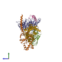 PDB entry 7xou coloured by chain, side view.