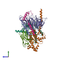 PDB entry 7xp5 coloured by chain, side view.