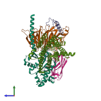 PDB entry 7xp6 coloured by chain, side view.