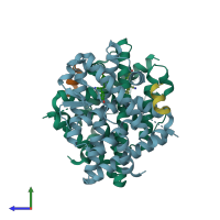 PDB entry 7xvz coloured by chain, side view.