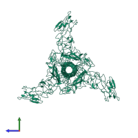 Homo trimeric assembly 1 of PDB entry 7xym coloured by chemically distinct molecules, side view.