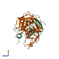 Hetero dimeric assembly 1 of PDB entry 7y0e coloured by chemically distinct molecules, side view.