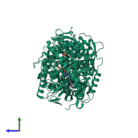 Homo dimeric assembly 1 of PDB entry 7y0p coloured by chemically distinct molecules, side view.