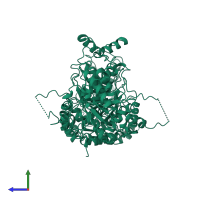 Homo dimeric assembly 1 of PDB entry 7yg1 coloured by chemically distinct molecules, side view.