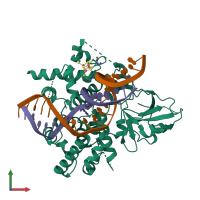 Hetero trimeric assembly 1 of PDB entry 7yhp coloured by chemically distinct molecules, front view.