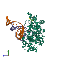 Hetero trimeric assembly 1 of PDB entry 7yhp coloured by chemically distinct molecules, side view.