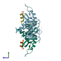 PDB entry 7ykf coloured by chain, side view.