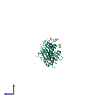 Monomeric assembly 2 of PDB entry 7yl5 coloured by chemically distinct molecules, side view.