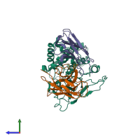 PDB entry 7yp2 coloured by chain, side view.