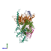 PDB entry 7yp7 coloured by chain, side view.