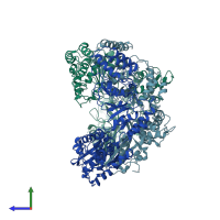 PDB entry 7yuh coloured by chain, side view.