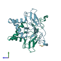 PDB entry 7yuj coloured by chain, side view.