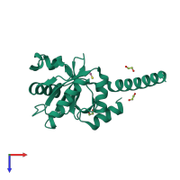 Monomeric assembly 1 of PDB entry 7yyj coloured by chemically distinct molecules, top view.