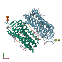 PDB entry 7zbe coloured by chain, front view.