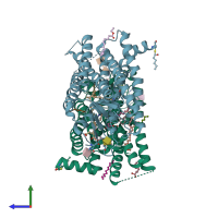 PDB entry 7zbe coloured by chain, side view.