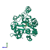 Monomeric assembly 1 of PDB entry 7zgb coloured by chemically distinct molecules, side view.