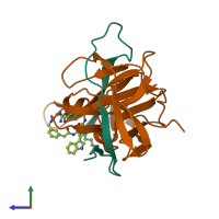 Hetero dimeric assembly 1 of PDB entry 7zq1 coloured by chemically distinct molecules, side view.