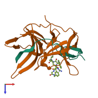 Hetero dimeric assembly 1 of PDB entry 7zq1 coloured by chemically distinct molecules, top view.