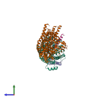 PDB entry 7zrl coloured by chain, side view.