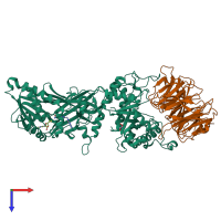 Hetero dimeric assembly 1 of PDB entry 7zuq coloured by chemically distinct molecules, top view.