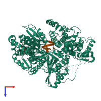 Hetero dimeric assembly 1 of PDB entry 8b9g coloured by chemically distinct molecules, top view.