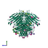 Homo dimeric assembly 2 of PDB entry 8bes coloured by chemically distinct molecules, side view.