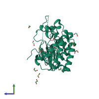 PDB entry 8bio coloured by chain, side view.