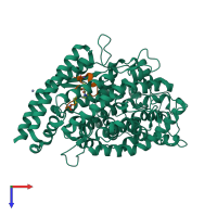 Hetero dimeric assembly 1 of PDB entry 8bn1 coloured by chemically distinct molecules, top view.