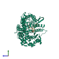 Hetero dimeric assembly 2 of PDB entry 8bn1 coloured by chemically distinct molecules, side view.