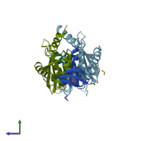 PDB entry 8buv coloured by chain, side view.