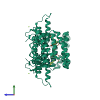 Hetero tetrameric assembly 1 of PDB entry 8bx3 coloured by chemically distinct molecules, side view.