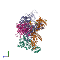 Hetero hexameric assembly 1 of PDB entry 8d9d coloured by chemically distinct molecules, side view.