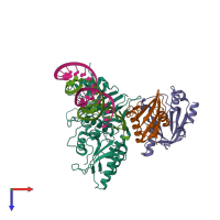 Hetero pentameric assembly 1 of PDB entry 8e40 coloured by chemically distinct molecules, top view.