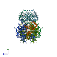 PDB entry 8eea coloured by chain, side view.