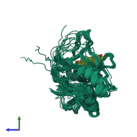 PDB entry 8epy coloured by chain, ensemble of 20 models, side view.