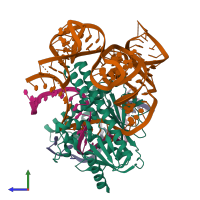 PDB entry 8exa coloured by chain, side view.