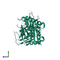 Glycylpeptide N-tetradecanoyltransferase in PDB entry 8fbq, assembly 1, side view.