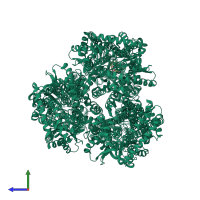 Homo trimeric assembly 1 of PDB entry 8ffs coloured by chemically distinct molecules, side view.