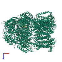 Homo trimeric assembly 1 of PDB entry 8ffs coloured by chemically distinct molecules, top view.