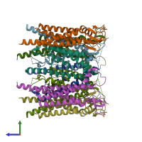 PDB entry 8fp9 coloured by chain, side view.