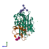 PDB entry 8glg coloured by chain, side view.