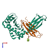 Hetero dimeric assembly 1 of PDB entry 8gm8 coloured by chemically distinct molecules, top view.