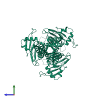 Homo trimeric assembly 1 of PDB entry 8h8f coloured by chemically distinct molecules, side view.